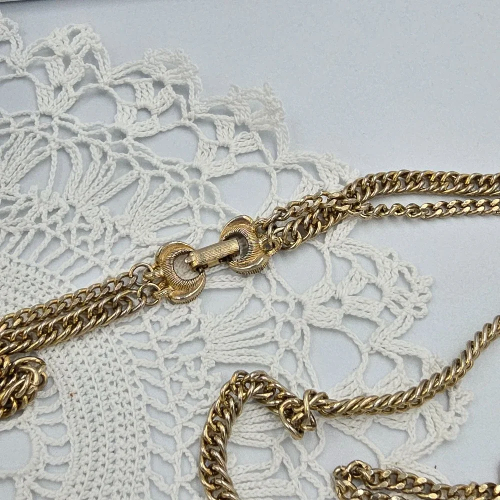 Vintage Tassel Double Chain Necklace Layered Two Tone 20